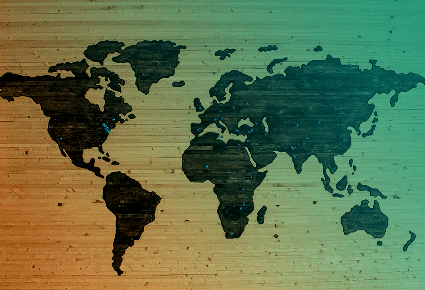 Global map with orange and blue hues
