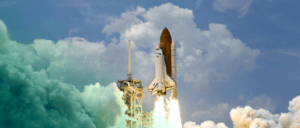 A rocket taking off in space