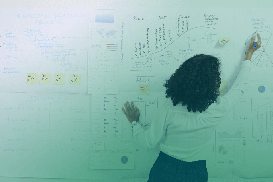 Woman writing on a whiteboard with graphs