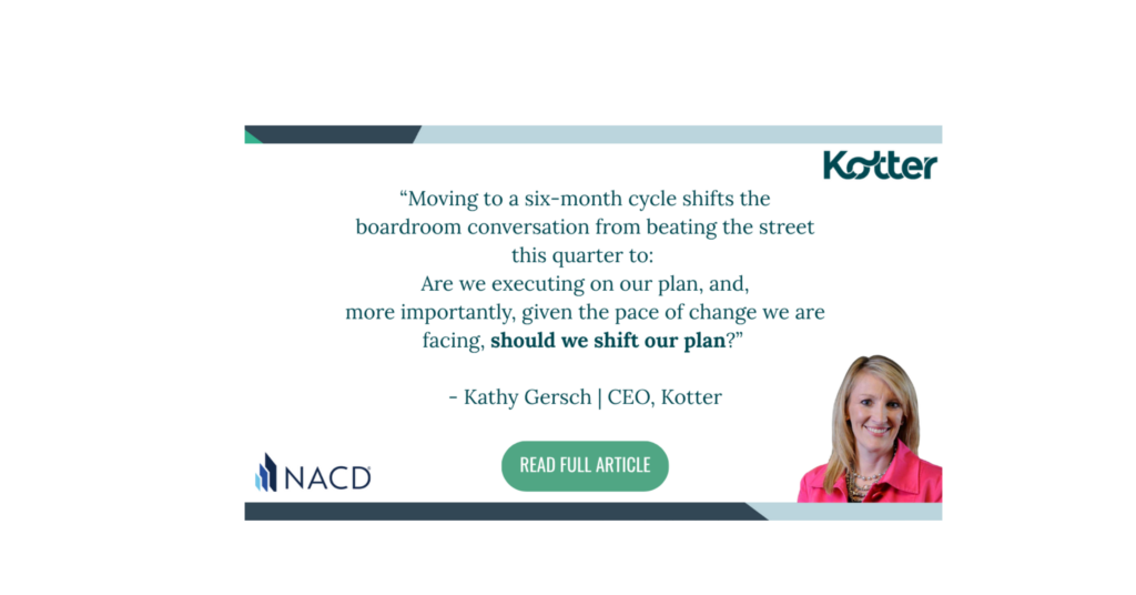 Quote card featuring Kathy Gersch, CEO of Kotter, with text discussing the shift to a six-month reporting cycle and its impact on boardroom conversations regarding strategic execution and adaptability.
