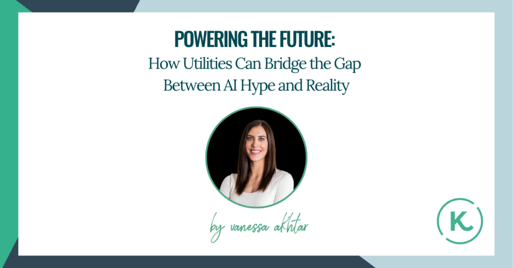 Promotional graphic for Kotter International titled "Powering the Future: How Utilities Can Bridge the Gap Between AI Hype and Reality," featuring a portrait of author Dr. Vanessa Akhtar against a blue background with digital network patterns. CaptionPromotional graphic for Kotter International titled "Powering the Future: How Utilities Can Bridge the Gap Between AI Hype and Reality," featuring a portrait of author Dr. Vanessa Akhtar against a blue background with digital network patterns.