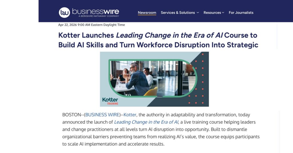 Leading Change in the Era of AI course badge featuring Kotter logo and text "Change in the Era of AI"