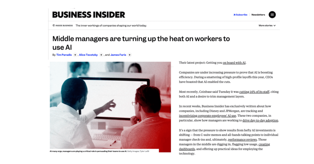 Kathy Gersch CEO of Kotter featured in Business Insider article about middle managers driving AI adoption in the workplace.