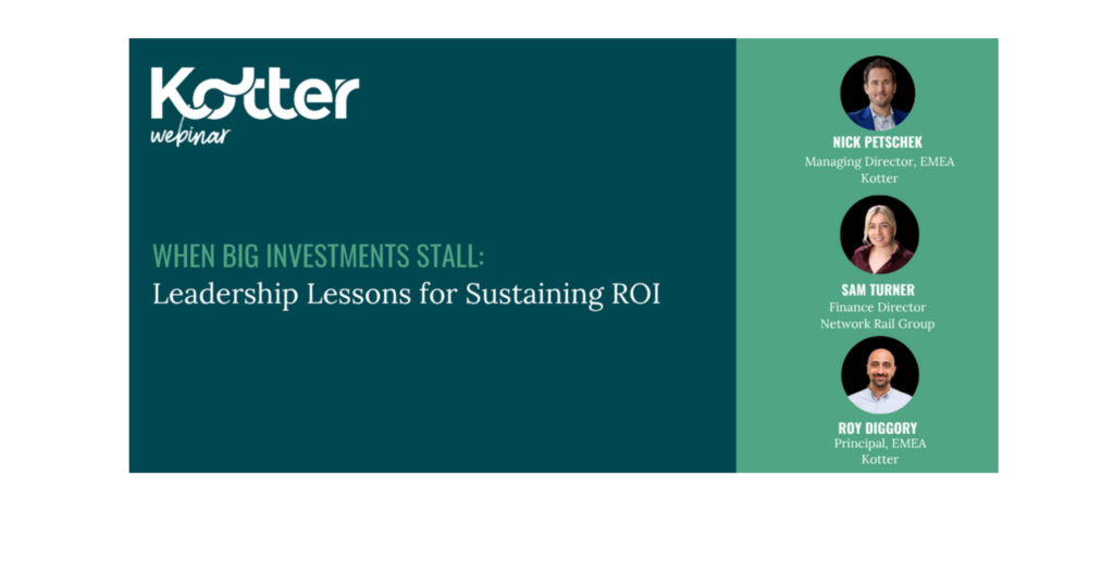 Promotional graphic for the Kotter EMEA webinar on Strategy Execution and Change Leadership, focusing on why big investments stall and how to sustain project ROI.