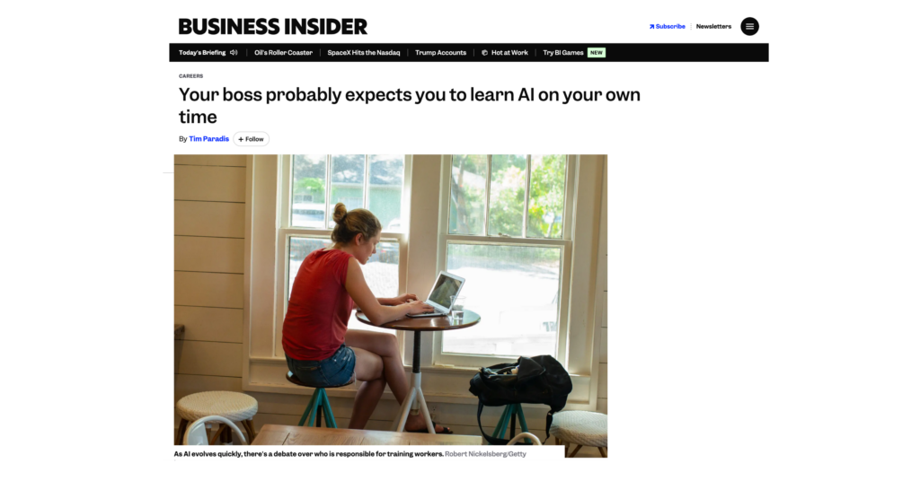 Graphic featuring Kotter CEO Kathy Gersch for the Business Insider article regarding workplace AI training and employee upskilling responsibility.