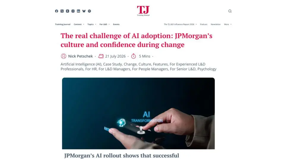 Graphic of the Training Journal article titled "The real challenge of AI adoption: JPMorgan’s culture and confidence during change" by Nick Petschek.