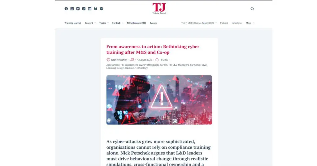 Graphic preview of the Training Journal article titled "From awareness to action: Rethinking cyber training after M&S and Co-op" by Nick Petschek.