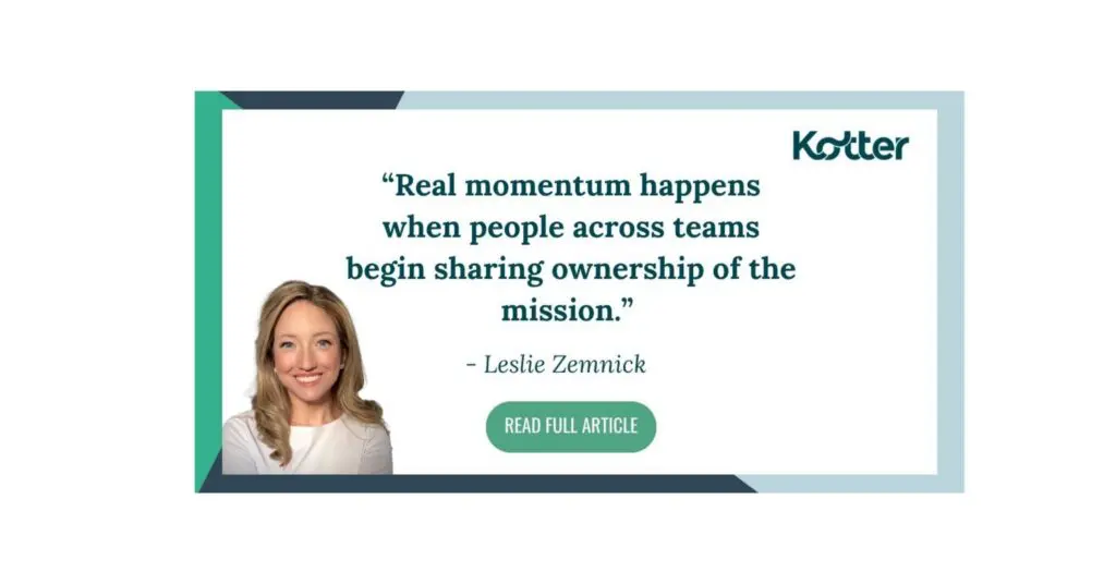 otter Insights graphic featuring a headshot of Leslie Zemnick alongside the quote: "Real momentum happens when people across teams begin sharing ownership of the mission."